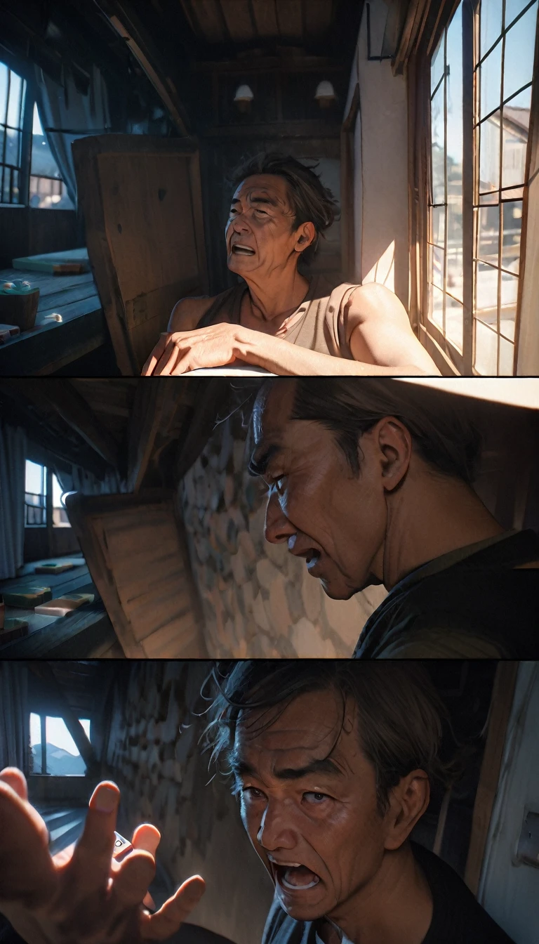 (8K, RAW photos, best quality, masterpiece: 1.4), (((Four Chinese uncles playing mahjong)))，Ultra-high resolution, Extremely detailed, light, Close-up of the second floor window, Greasy man, Scruffy hair, Dark skin,dark, Sleeveless vest, Open your mouth to argue,(perfect anatomy:1.2), High-quality shadows, Natural Lighting, (White highlights:1.2), night, cloudy day, (Looking inside the house from the second floor window:1.2), (Room:1.2)
