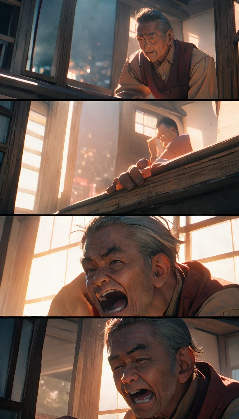 (8K, RAW photos, best quality, masterpiece: 1.4), (((Four Chinese uncles playing mahjong)))，Ultra-high resolution, Extremely detailed, light, Close-up of the second floor window, Greasy man, Scruffy hair, Dark skin,dark, Sleeveless vest, Open your mouth to argue,(perfect anatomy:1.2), High-quality shadows, Natural Lighting, (White highlights:1.2), night, cloudy day, (Looking inside the house from the second floor window:1.2), (Room:1.2)