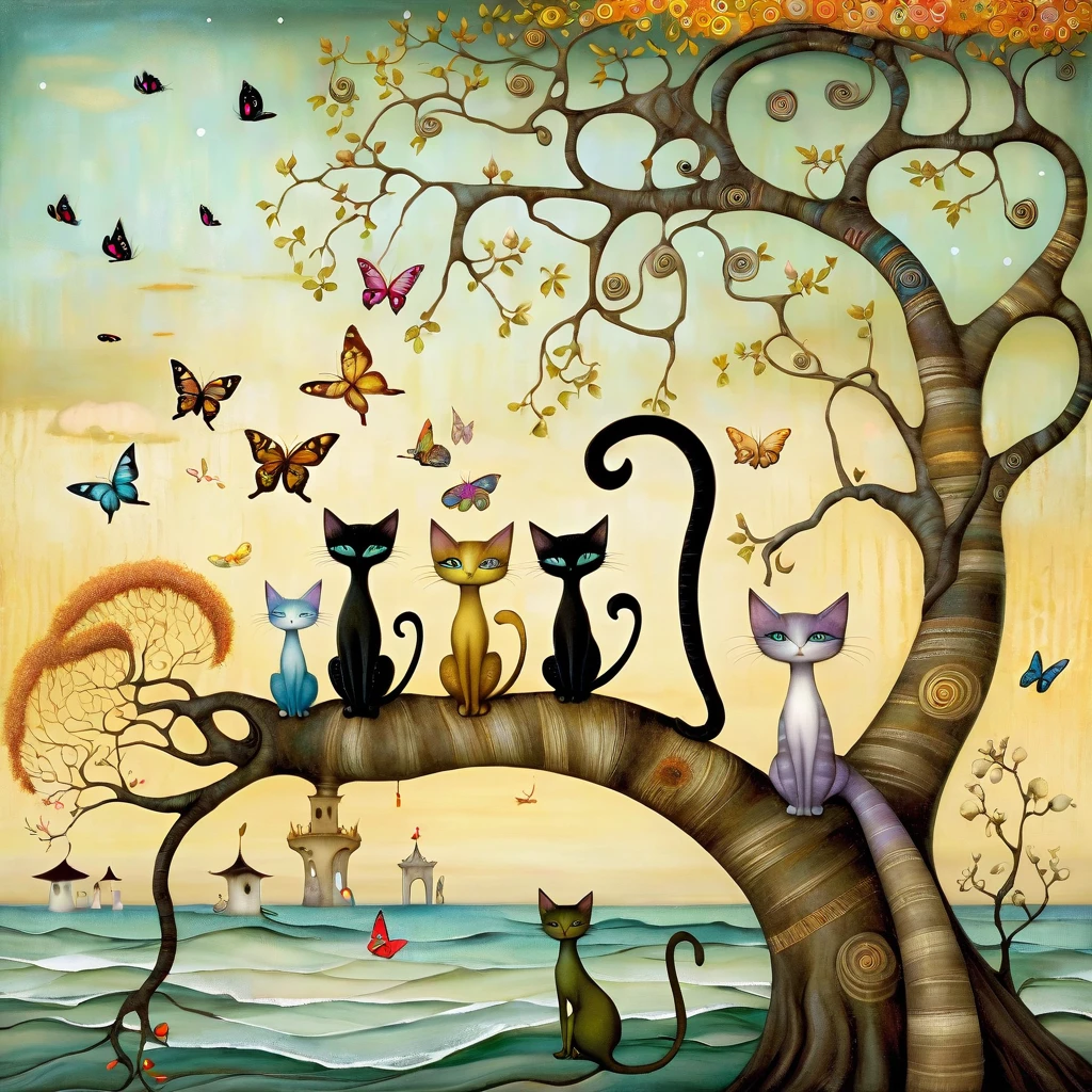 a beautiful patchwork of Some cats With a long neck and a long tail, climbing the branches of a fallen tree. Seascape background, beach, sand castles, butterflies and dragonflies. Warm colors. style Klimt, Nicoletta Ceccoli, Naoto Hattori, Lawrence Didier, Leonora Carrington.