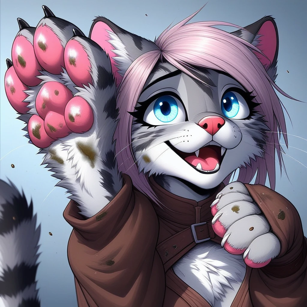 Kat, feet paws, ((4 toes)):1.3, pink paw pads, blend in with character,very dirty paws
