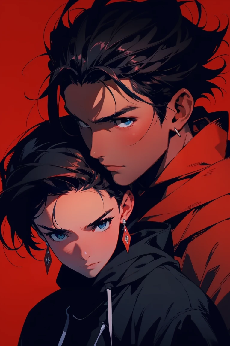 Close up of a man with black hair and red background,  Tall anime guy with blue eyes, Anime portrait of a handsome man, He grabbed a girl in red，Put your hands on the girl's head