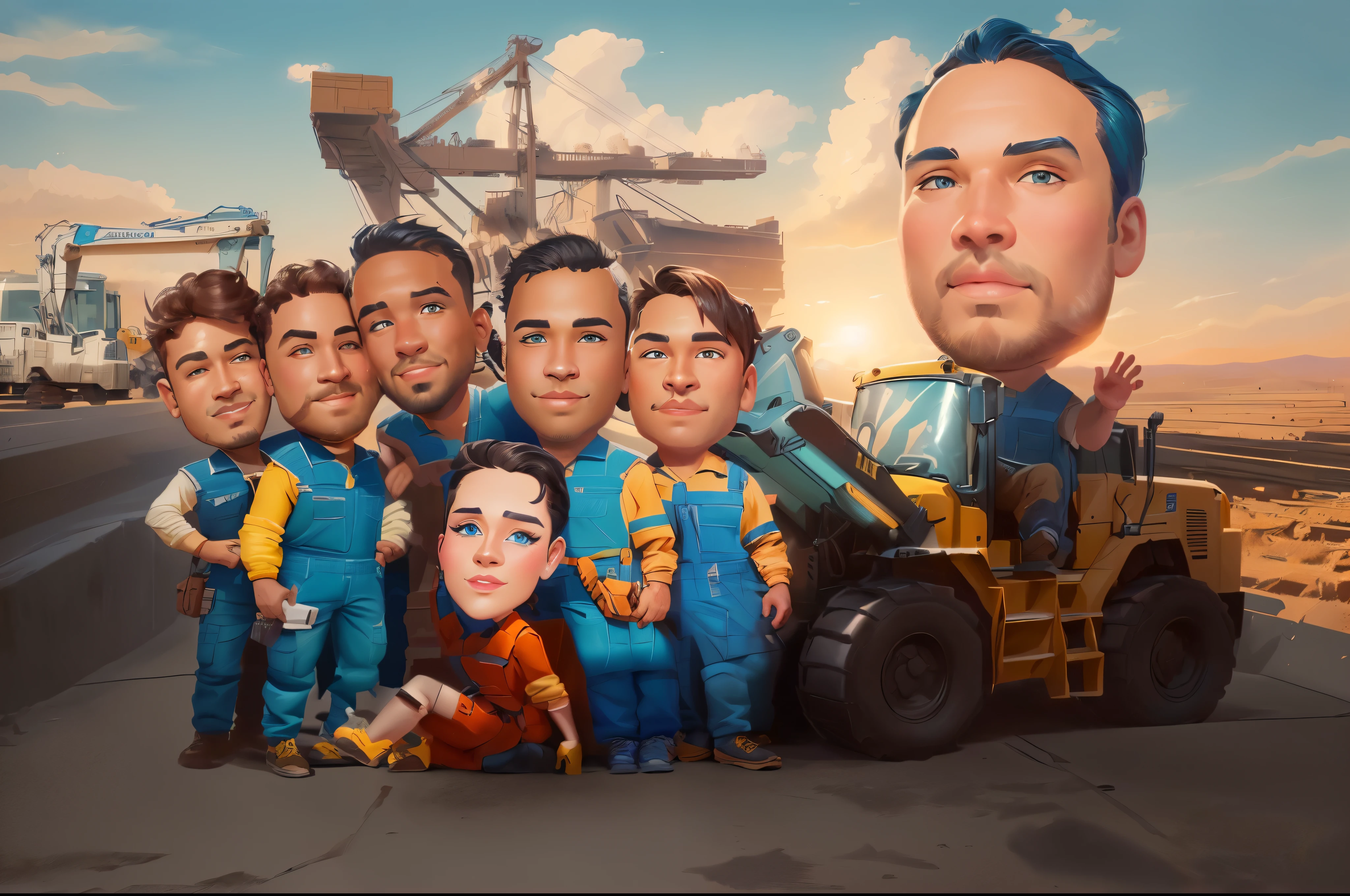 arafed picture of a group of men in blue overalls standing in front of a construction vehicle, caricature illustration, caricature style, cartoon digital painting, proffesional illustration, caricature, cartoon artstyle, potrait, in cartoon style, professional illustration, cartoon digital art, stylized digital illustration, professional artwork, digital art cartoon, official illustration, caricature!!!