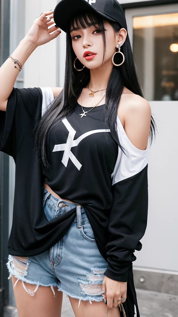 “A young woman with long black hair and gray eyes, wearing earrings. She has on an off-shoulder shirt and is styled like a rapper. She has tattoos on her arms and neck and wears a baseball cap backwards. She also has a cross necklace and is sticking out her tongue.”