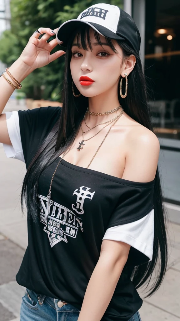 “A young woman with long black hair and gray eyes, wearing earrings. She has on an off-shoulder shirt and is styled like a rapper. She has tattoos on her arms and neck and wears a baseball cap backwards. She also has a cross necklace and is sticking out her tongue.”