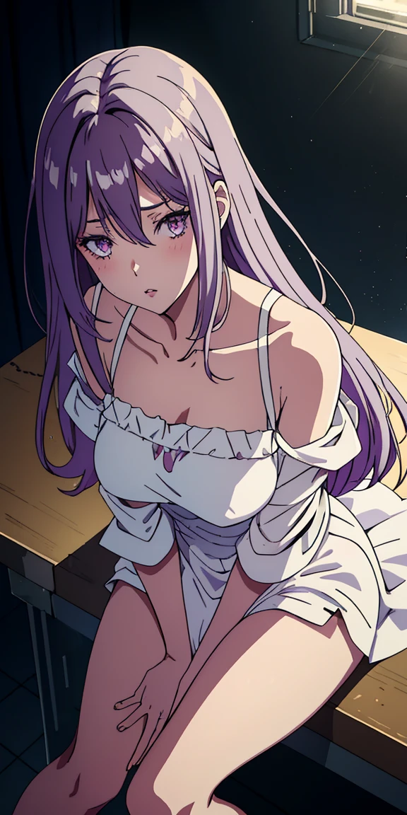 1girl, tokime, purple eyes, purple hair, parted lips, blush, makeup, provoking, sitting, white dress, bare shoulders, classroom, light rays, glow, thighs, collarbone, narrow waist, (masterpiece), wallpaper, wide angle, from above