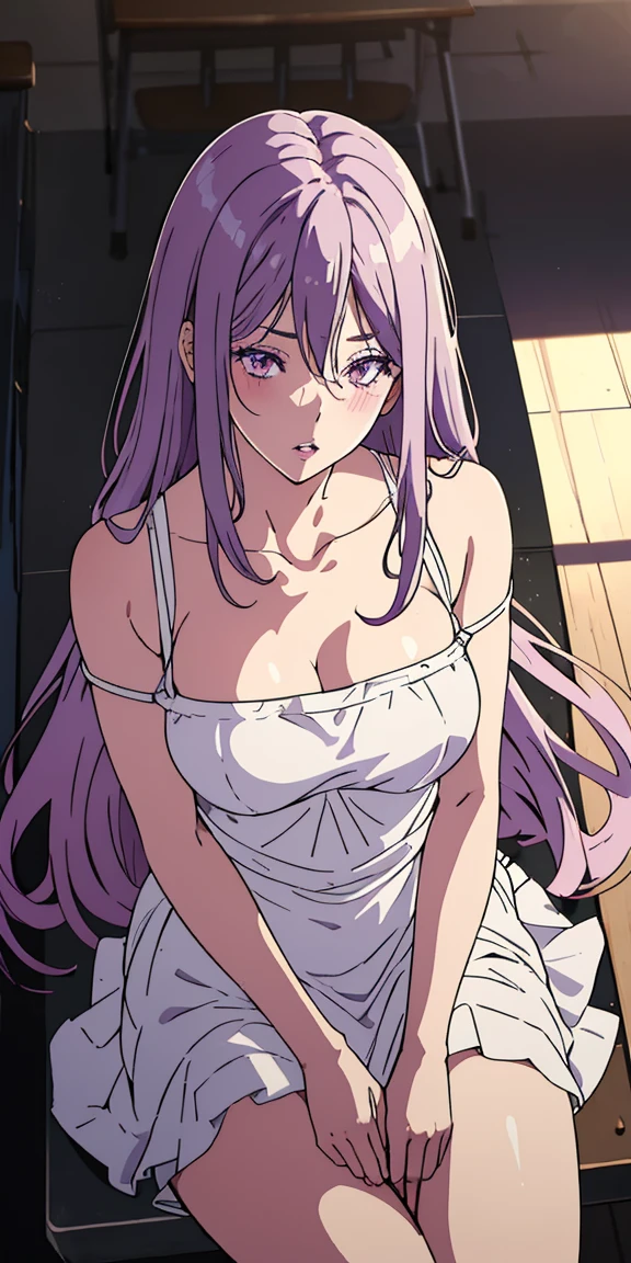 alone, One girl, View your viewers, sketch, Flat Color, 2D, anime, anime coloring, Light purple hair, long hair, Messy Hair, cowboy shot, (Pure white lace camisole, Pure white lace panties), Crying face, large breast