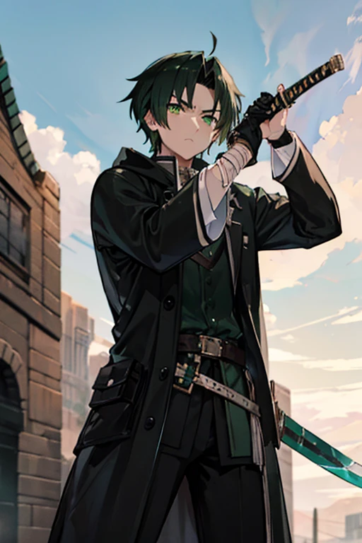 Greenish-black hair　Adult male　cool　He holds a worn-out sword with a corroded blade in front of him.　Serious expression　He is wearing a tight black coat　Combat posture