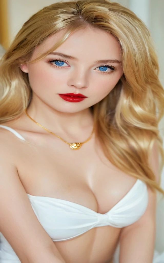 blond woman with blue eyes and red lips posing for a picture, gold necklace, golden necklace, small and thick red lips, wearing a gold chain, sexy red lips, wearing gold chain, gold jewerly, gold jewelry, wearing gold jewellery, gold and red, red lips, lovely woman, light-red lips, wide golden eyes and red lips