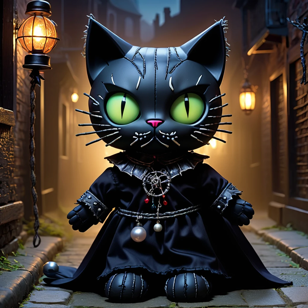 (knitted toy voodoo doll:1.9), (Voodoo Shadow Cat:1.6), (Clothing: dark robes with silver thread:1.0), (Accessories: enchanted collar, glowing eyes, mystical bell:1.2), (Background: moonlit alley with creeping shadows, eerie mist, and floating orbs of light:1.2), (full body:1.0), best quality, masterpiece, detailed soft oil painting, detailed background, dramatic cinematic lighting, soft edge lighting, professional, dramatic lighting, hard edge lighting, ultra quality, 4k,masterpiece, best quality, 8k, ultra highres, highres, extremely detailed