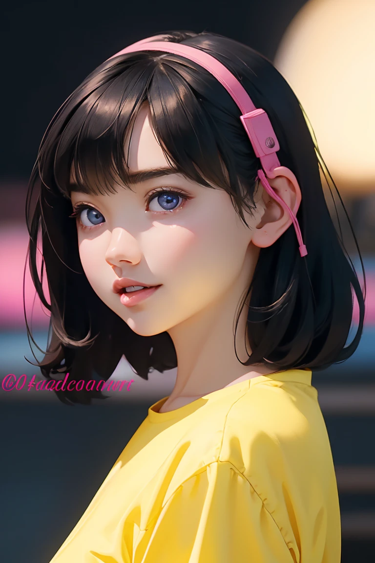 One woman、18-year-old、masterpiece、Highest quality、Ultra-detailed、Japanese、Like an idol、Black Hair、laughter、Short Hair、Clear, natural eyes、round face、Plump face、Very detailed、Beautiful detailed eyes、Beautiful detailed sparkle、Detailed light、Shiny Hair、Random pose、Random Angle、Very detailedな肌、(Curvaceous:1.0)、Headphones、Hip Hop Style、Colorful clothing、Dynamic pose、Slow motion、、(neon_background:1.1)Blur the background、Full Body Shot