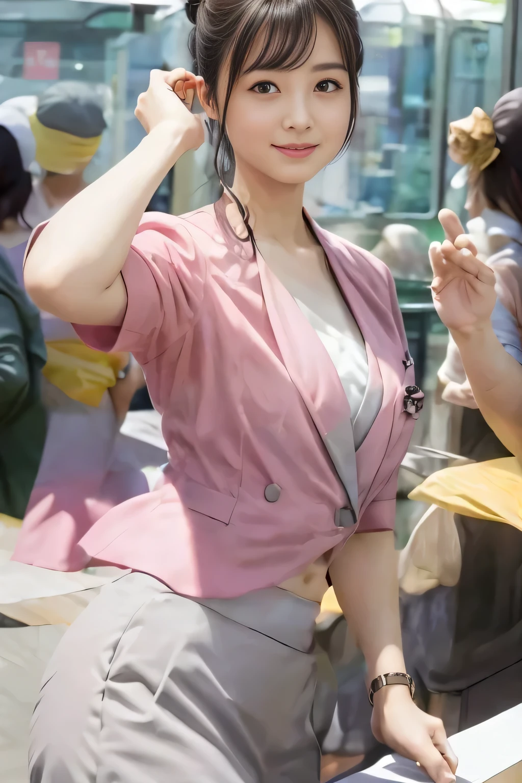 (masterpiece:1.2, Highest quality:1.2), 32k HDR, High resolution, (alone、1 girl)、(On the rooftop of a building in the daytime、Professional Lighting)、Building rooftop background、(Nankai train crew uniform pinkを着たリアルスタイル)、(Nankai train crew uniform pink short sleeve collarless pink jacket、Nankai Train Crew Uniform Pink Collarless Short Sleeve Blouse、Nankai Train Crew Uniform Pink Grey Knee-length Culottes)、((The bottom of the pink short-sleeved jacket cannot be tucked into the clay-colored culottes.))、Dark brown hair、(Hair tied up、Hair Bun、Hair Bun)、Dark brown hair、Long Shot、Big Breasts、Thin legs、((Great hands:2.0)),((Harmonious body proportions:1.5)),((Normal limbs:2.0)),((Normal finger:2.0)),((Delicate eyes:2.0)),((Normal eyes:2.0)))、(Nankai Train Crew Uniform Pink Grey Knee-length Culottesを見せた美しい立ち姿)、smile