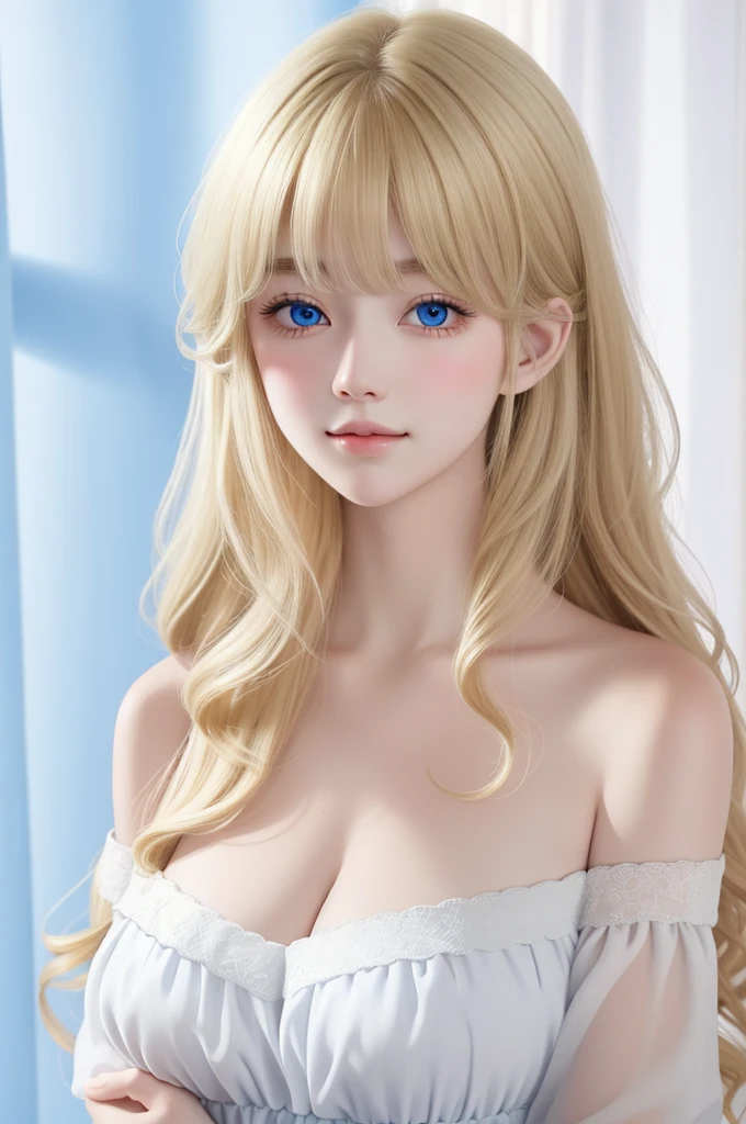half body shot, ((masterpiece)), ((ultra-detailed)), pixiv, best shadows, best lighting, best quality, cinematic shot, 1girl, solo, bangs, portrait, long hair, curtain bangs, parted lips, juicy lips, pouty lips, blond hair, wavy hair, looking at viewer, indigo blue eyes, large breasts, white blouse, off-shoulder blouse, bare shoulders, huge , sexy , pink, innocent smile, blushing face, pale skin, chromatic aberration, simple background