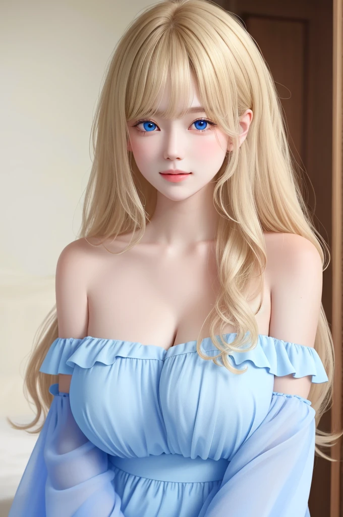 half body shot, ((masterpiece)), ((ultra-detailed)), pixiv, best shadows, best lighting, best quality, cinematic shot, 1girl, solo, bangs, portrait, long hair, curtain bangs, parted lips, juicy lips, pouty lips, blond hair, wavy hair, looking at viewer, indigo blue eyes, large breasts, white blouse, off-shoulder blouse, bare shoulders, huge , sexy , pink, innocent smile, blushing face, pale skin, chromatic aberration, simple background