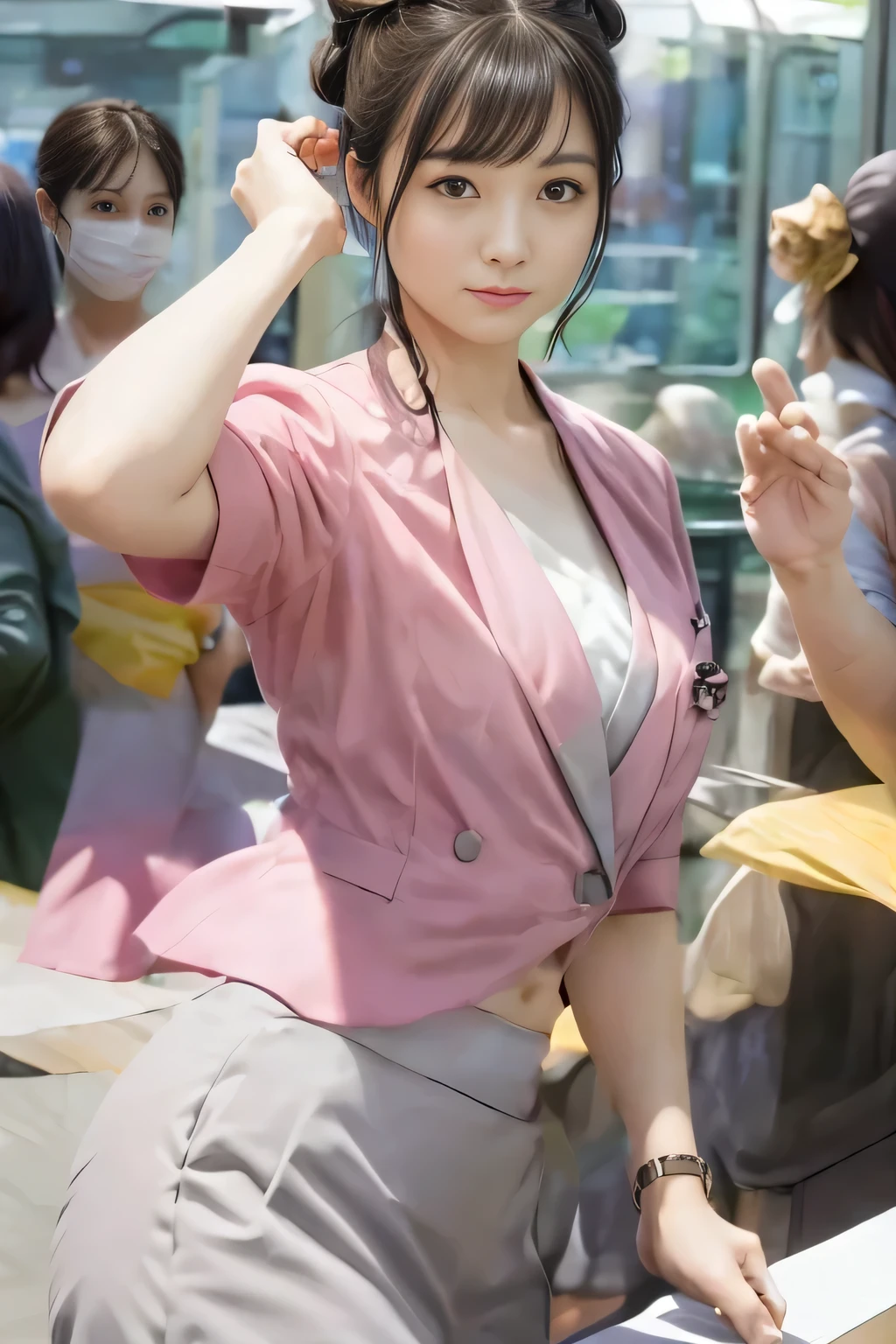 (masterpiece:1.2, Highest quality:1.2), 32k HDR, High resolution, (alone、1 girl)、（On the rooftop of a building in the daytime、Professional Lighting）、Building rooftop background、（Nankai train crew uniform pinkを着たリアルスタイル）、（Nankai train crew uniform pink short sleeve collarless pink jacket、Nankai Train Crew Uniform Pink Collarless Short Sleeve Blouse、Nankai Train Crew Uniform Pink Grey Knee-length Culottes）、（（The bottom of the pink short-sleeved jacket cannot be tucked into the clay-colored culottes.））、Dark brown hair、（Hair tied up、Hair Bun、Hair Bun）、Dark brown hair、Long Shot、Big Breasts、Thin legs、（（Great hands：2.0）），（（Harmonious body proportions：1.5）），（（Normal limbs：2.0）），（（Normal finger：2.0）），（（Delicate eyes：2.0）），（（Normal eyes：2.0））)、（Nankai Train Crew Uniform Pink Grey Knee-length Culottesを見せた美しい立ち姿）、smile