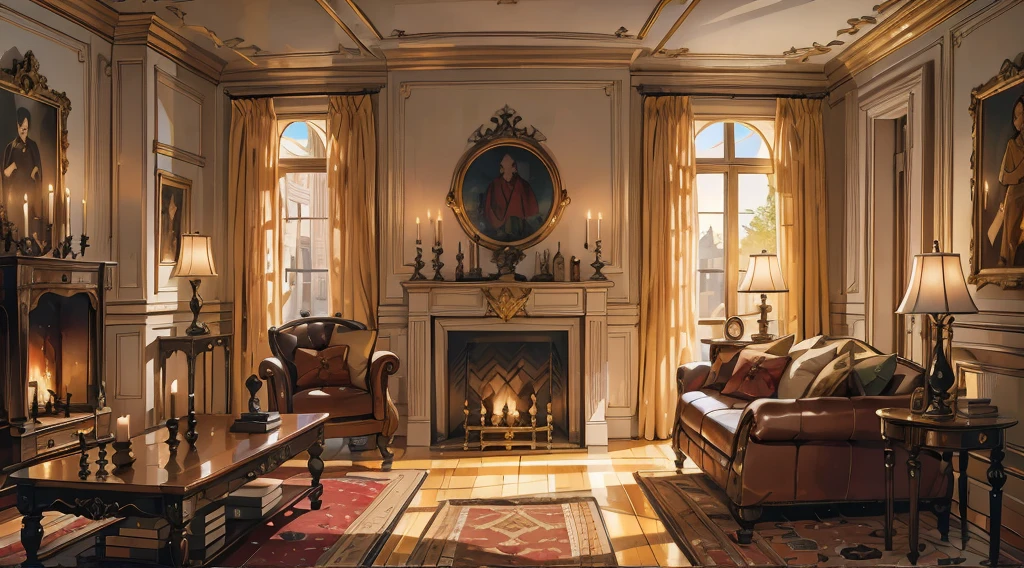 Interior, victorian Manor with reliquies, (((Nigth))), (((moonligth enters the living room))) soft pale orange palette, soft secundary exterior ligth,the wooden floor,,, glowing, best quality, high details, epic, dramatic, cinematic lighting, detailed textures, (masterpiece, best quality:1.2)