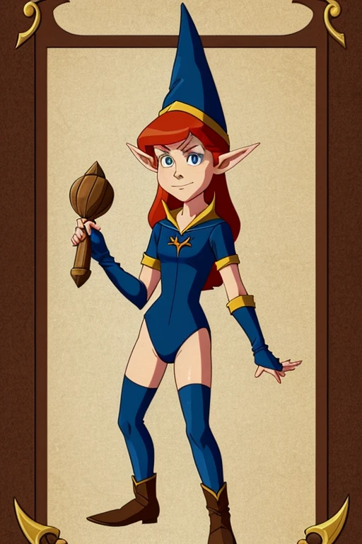 a redhead cartoon character dressed in a leotard, young half elf wizard, a young male wizard, half-elf time wizard, granny weatherwax, 1980s cartoon, animated episode still, norman rockwel, witch academia, portrait of a young elf wizard, tiny evil alchemist gnome, velma, (((mad))) elf princess, gadget hackwrench