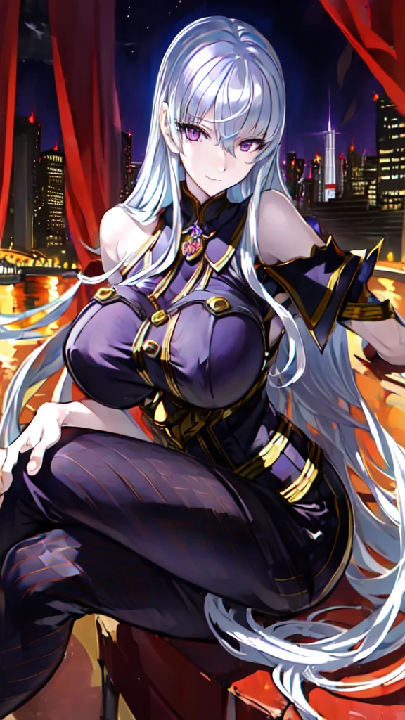 (((masterpiece))), best quality, 1girl, pantyhose, silver hair, red eyes, park in the night with fountains background, looking at viewer, smile, busty, highly detailed face,highly detailed eyes, sitting with crossed legs, purple eyeshadows, 