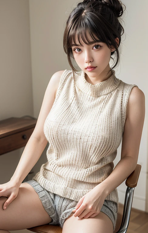 ( masterpiece, precise, Anatomically_correct, Texture_skin, excellent_detail, the best_quality, 1080P, HD, 4K, 8K, 16K), (beautiful_detailed_Eyes, beautiful_detailed_Lips, extremely_detailed_Eyes_and_Face), Soft_light, Physically based_Rendering, vivid_color, (Large target_breast:1.5), (short hair_thin braids_Bun hairstyle), (shining_hair, shining_skin, Face红), (Bangs:1.5), Eye_reflection, (Bokeh), 微lol_and_lol, (sleeveless_long sweater_knitting:1.5) ,stockings,(sit on the chair,Spread your legs:1.3),See panties, Look at the vagina。