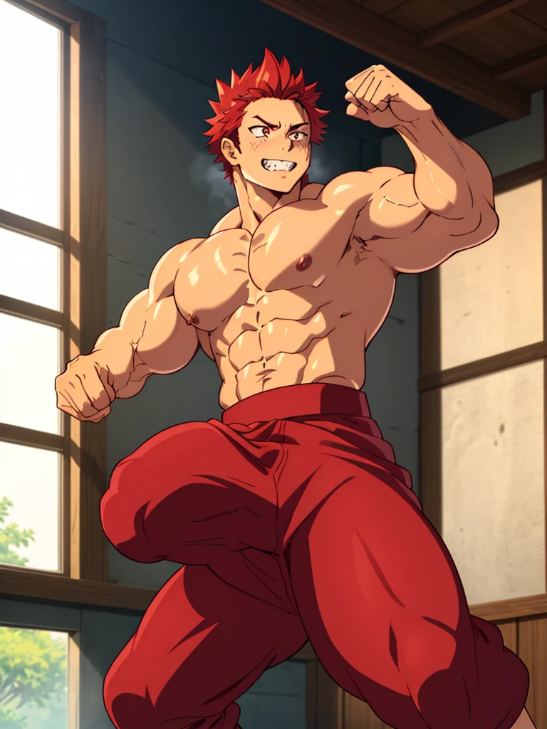 1 boy, alone, male ass focus, Viewers look at, a young handsome muscular boy, male model, Kirishima Eijiro, red eye, Red hair, size, detailled eyes, detailed face, Soft hair, detailed skin, Winziger Tanga, With bare upper body, without pants, Bulge, huge bump, huge nipples, dark nipples, Protruding nipples, huge muscles, Blush, intimidating, window, confident, ass focus, furrowed eyebrows, Grinning, white sharp teeth, smug, sweating, training, Practice martial arts, Punching, pure power, Raw power, outside, various pose, aesthetics, perfect hands, Ansatsu Art Museum, sexy and cute