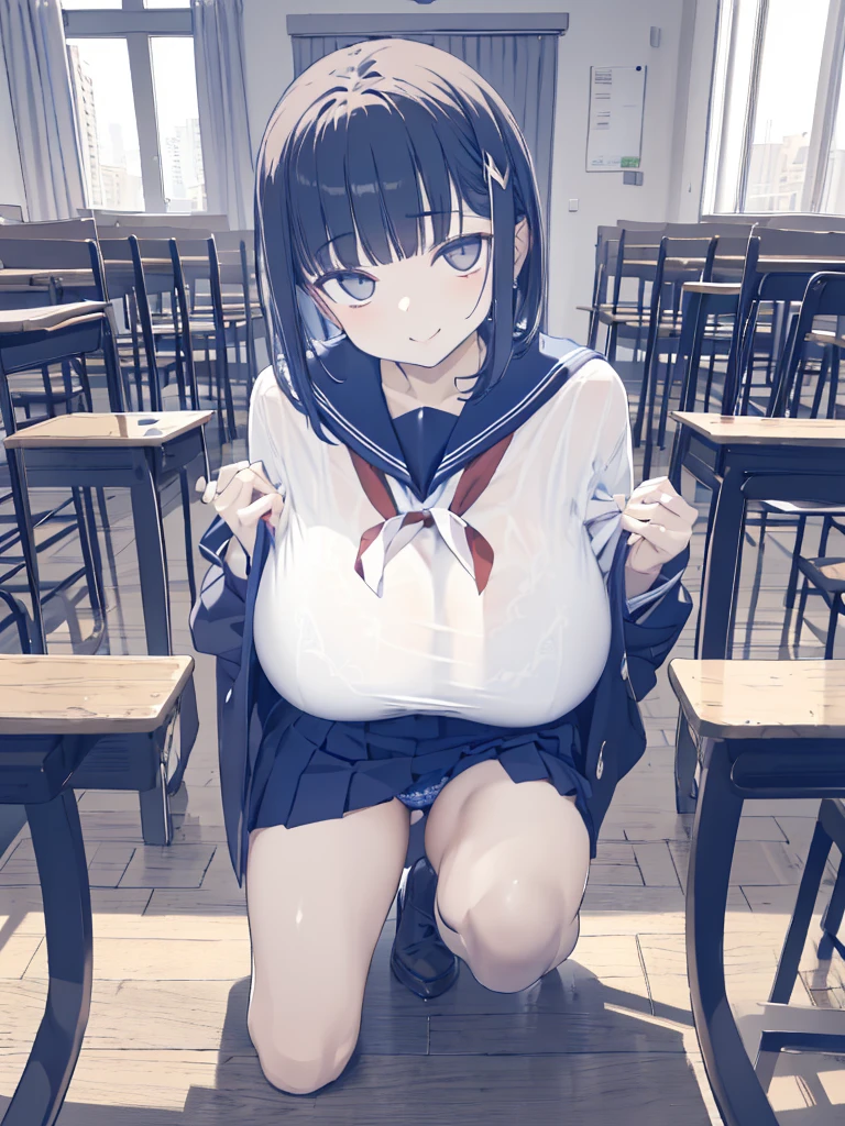 (top-quality、in 8K、32K、masterpiece、nffsw、超A high resolution、Impresionismo、huge breasts, Photorealsitic:1.2)、Angle from above、High angle、Colossal 、cowboy shot, detailed faces and eyes、 Inside the classroom、Schools、Evening glow、beauitful face、blurry backround、-yeld beiful girl、shinny skin、long、Beautiful black hair、Blunt bangs、Invincible smile、Gray eyes、a sailor suit、Pleated miniskirt、wearing black knee-high、Curve、Stand on one knee、Opening legs、(seduction)、((scornful look))、(seduction)、((scornful look))、 (seduction)、((scornful look))、((growing thighs))、((growing ))、((growing thighs))、((growing ))、((growing thighs))、((growing ))、((growing thighs))、((growing ))、((growing thighs))、((growing ))、((growing thighs))、((growing ))、((growing thighs))、((growing ))、((growing thighs))、((growing ))、((showing panties))