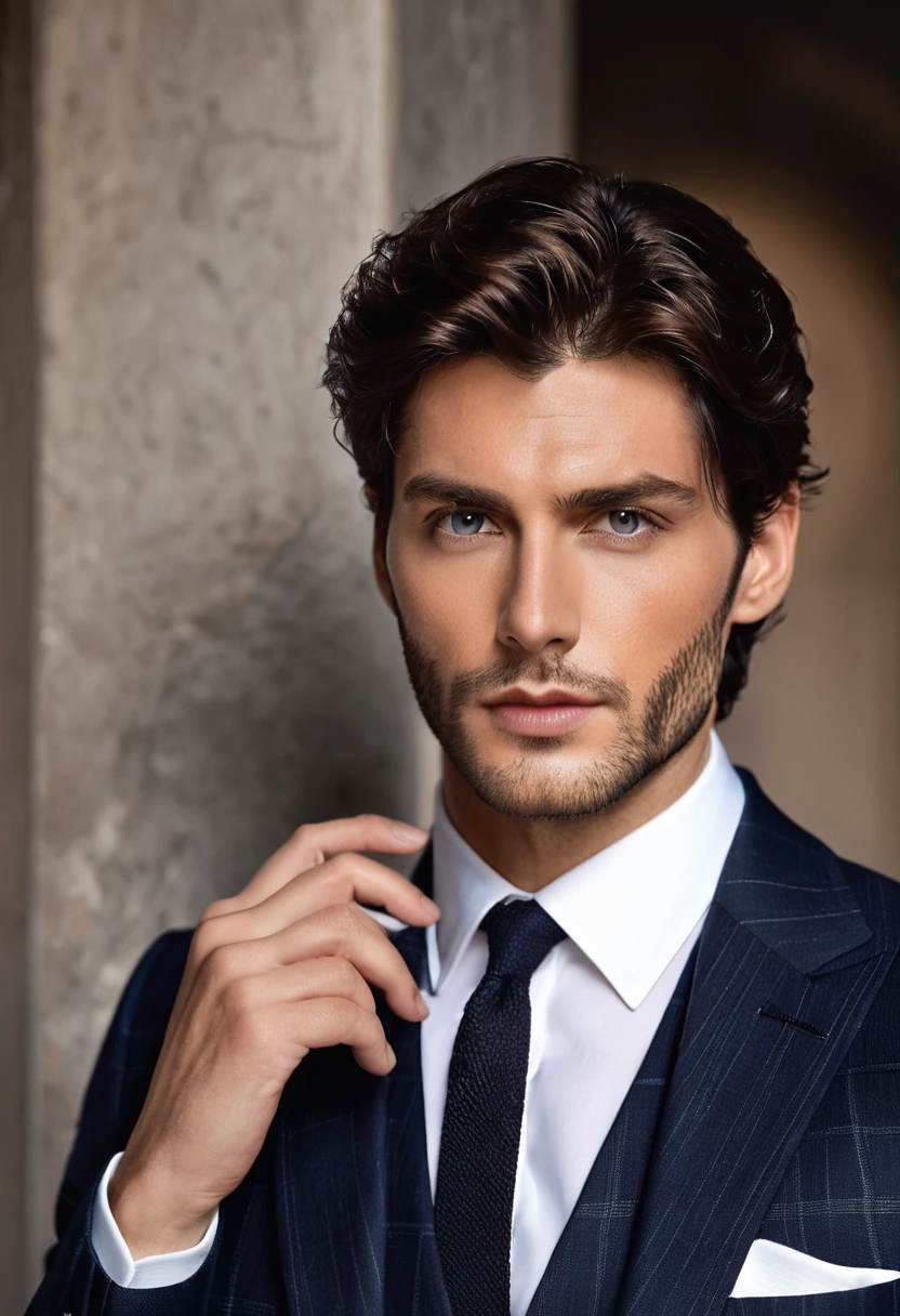 Man in suit looking at camera, face perfect, perfect handsome face, Handsome face, Inspired by Luca Zontini,good looking face, really good looking face!!, handsome attractive face, looking intensely at the camera, Rafael Personas, handsome detailed face