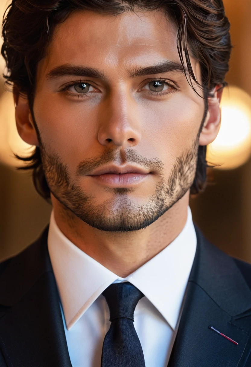 Man in suit looking at camera, face perfect, perfect handsome face, Handsome face, Inspired by Luca Zontini,good looking face, really good looking face!!, handsome attractive face, looking intensely at the camera, Rafael Personas, handsome detailed face