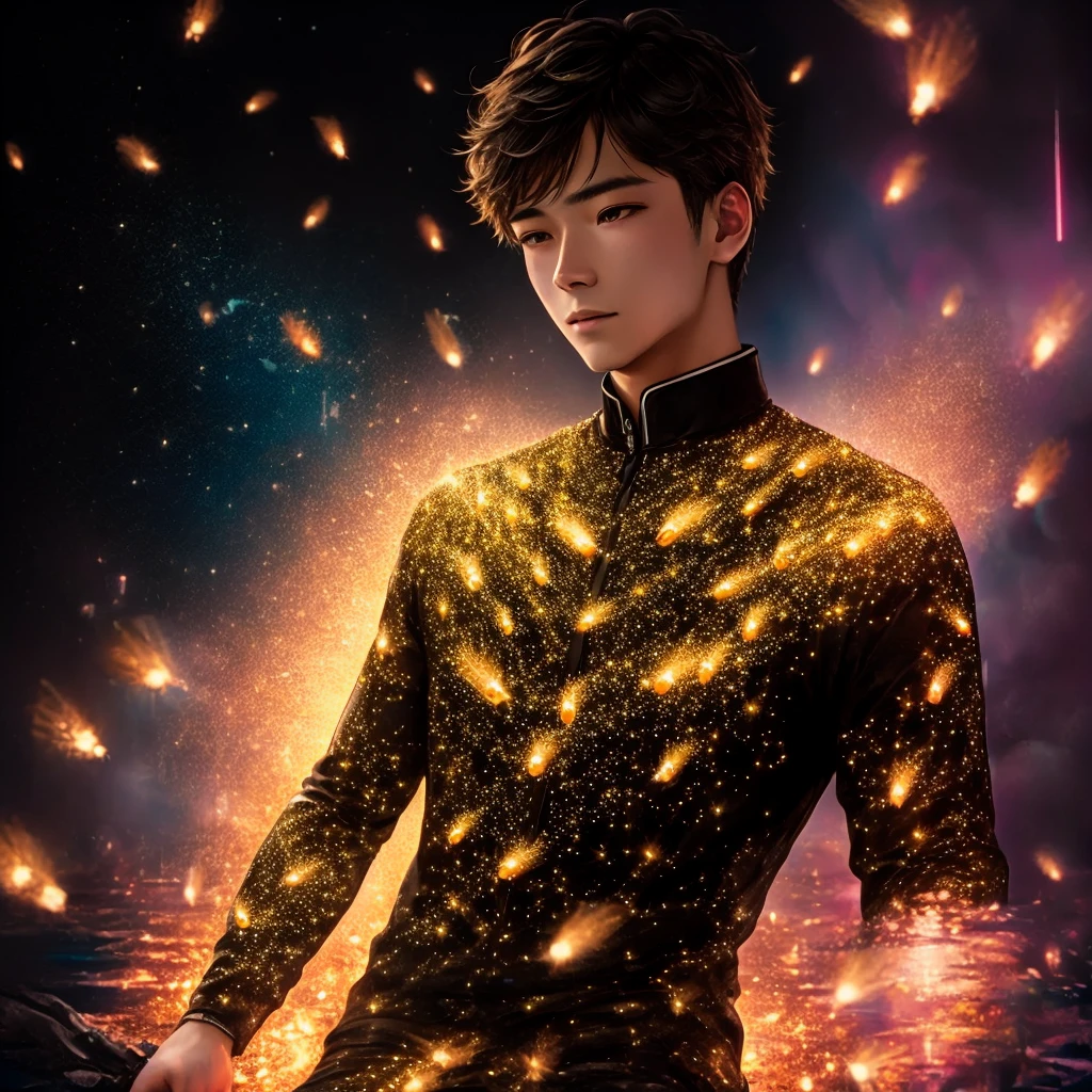 A man made of fireflies, Surrounded by fireflies.