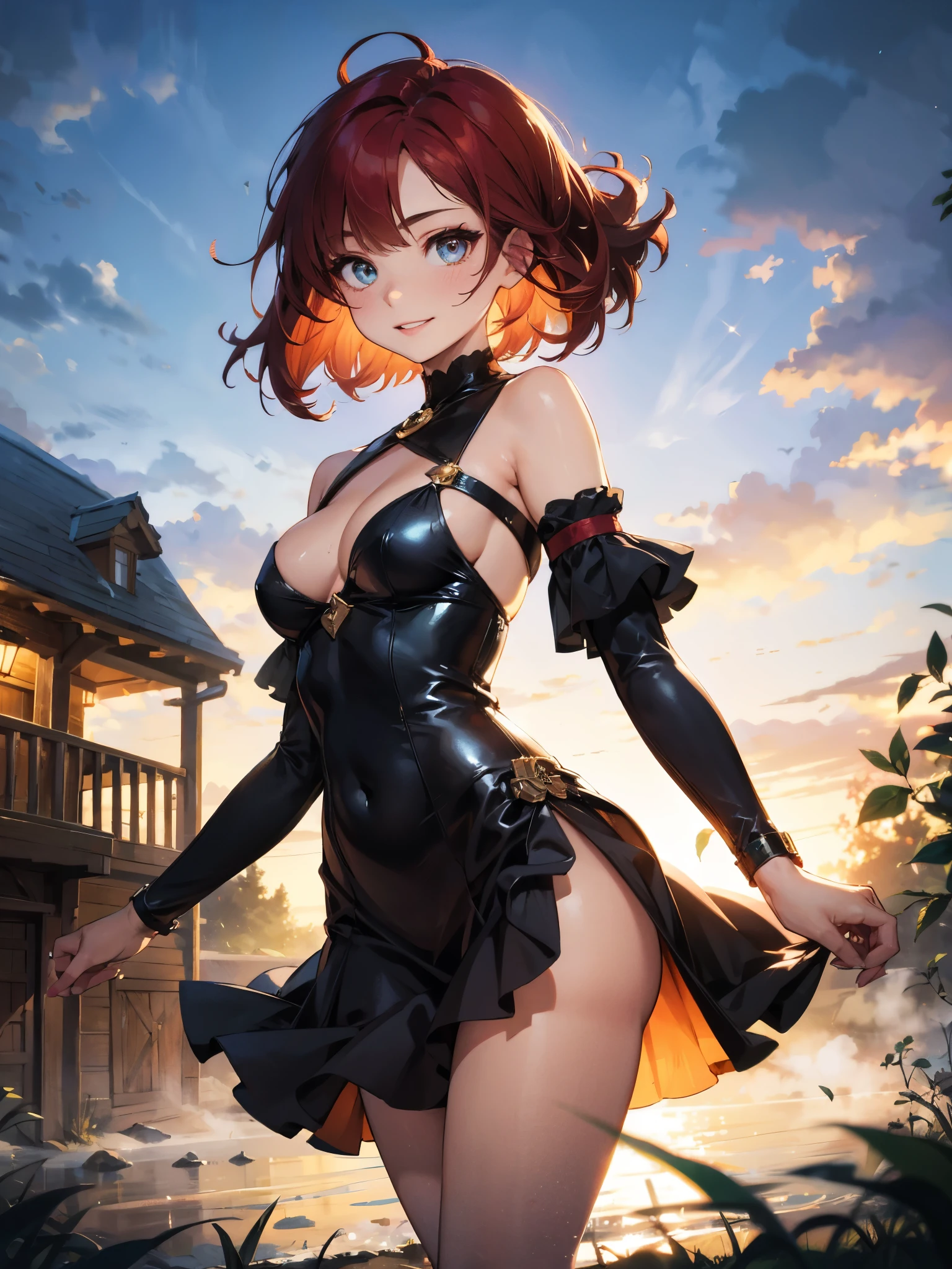A beautiful and sexy peasant woman dress like a tavern wench, beautiful aquiline face detail, bright light eyes, full luscious lips, sexy eyeliner and eyeshadow, flirty smile, mischievous glint in her eye, detailed tiny perky cleavage, perfect legs, lithe body, wonderful and innocent energy, adventurous spirit, Lucious red hair, atmospheric fog, ambient light, rim light, a small medieval village, an overgrown forest, sexy dancing and twirling,
sultry look, seductive
