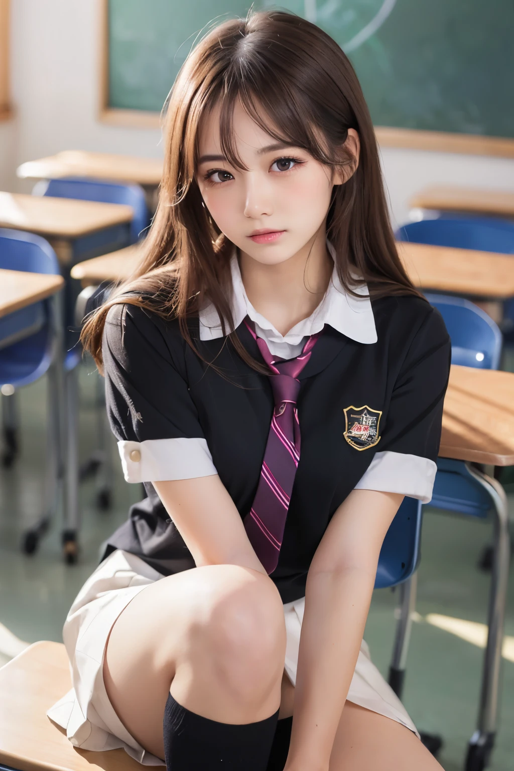 (Showing off panties:1.2), (Professional portrait, Realistic and perfectly shaped subjects:1.3), (masterpiece, highest quality:1.2), (Realistic, Ultra-realistic, Realistic:1.3), (ultra High resolution), High resolution, Intricate details, Super detailed, (Highly detailed CG, unity 8k wallpaper:1.3), Clear image,
break
(1 Japanese girl, ), (cute, Slender figure), (Perfect Anatomy, Correct limbs:1.2), (Perfect hands), Perfect Arms, Beautiful and delicate face down to the last detail, Beautiful and delicate eye and eye highlights, (Very thin and delicate、not too long lashes), (Captivating eyes, Beautifully detailed eyes and face), light makeup, Pink Lip, Lip gloss, Stylish face, (Shiny skin, Realistic skin detail), Brown Hair, medium chest
break
((school uniform)), (High school girl), (Black socks), shirt open
break
classroom, Sitting in a chair, (Cowboy Shot), break
(((blush:1.4))), ((Embarrassing:1.4)), (((shy:1.5)))
break
from below
break