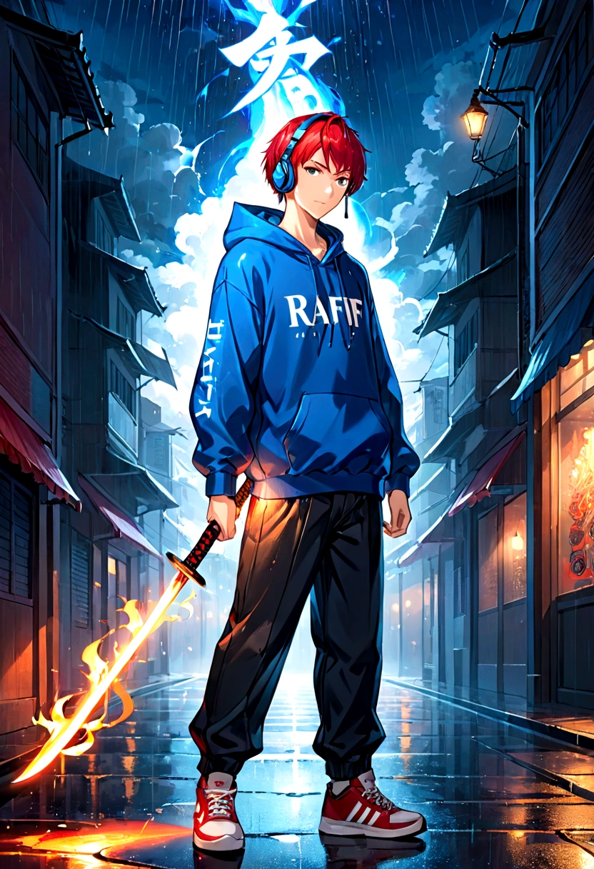 18 year old male anime wearing a blue hoodie with the word "RAFIF" on the chest, Hoodie has a shining effect, Wearing Sneakers, Blue and Red Hair, Headphones around the neck, holding a shining fire katana, rainy night atmosphere.