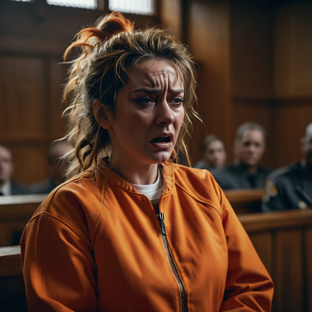 a crazy women wearing an orange prisoner suit, crying maniacally, in a courtroom setting, highly detailed, realistic, 4k, portrait, masterpiece, cinematic lighting, dramatic shadows, photorealistic, extreme detailed facial features, sinister expression, tousled hair, dramatic depth of field, moody atmosphere, gritty textures, intense colors
