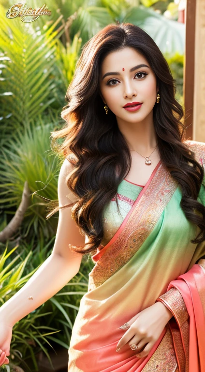 (best quality,4k,8k,highres,masterpiece:1.2),ultra-detailed,realistic,photorealistic:1.37,beautiful detailed eyes,beautiful detailed lips,extremely detailed eyes and face,longeyelashes,2girls,Indian women,ethnic beauty,alluring look,charming smiles,graceful posture,colorful saree,ornate jewelry,dramatic lighting,soft and warm color palette,artistic interpretation,emphasize natural curves,lush background,exquisite details,sexy mood,subtle and sensual,playful and flirty,seductive poses,provocative expressions,lively and energetic ambiance,lush garden setting,flower blossoms,gentle breeze,teasing glances,teasing gestures,busty and curvy figures,sophisticated allure,temporary tattoos,modern interpretation,celebration of femininity,traditional and modern blend,confident and empowered,vibrant and captivating,stylish and fashionable,charismatic presence,radiant and glamorous,traditional Indian culture,passionate and spirited,irresistible beauty,mesmerizing charm,unforgettable allure,mesmerizing eyes,delicate lace details,sensual silk textures,subtle makeup,lustrous hair,perfectly manicured nails,enviable grace and elegance,tempting and enchanting. (((super crazy hairstyles, beautiful long hairs, crazy long hairs, super long hairs, long hair, crazy long hairs, super long hairs , Long wavy hairstyle)))