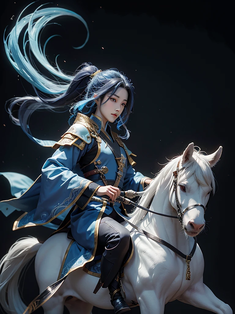 zhao zilong a handsome man, a general holding a spear and riding a white stalion
