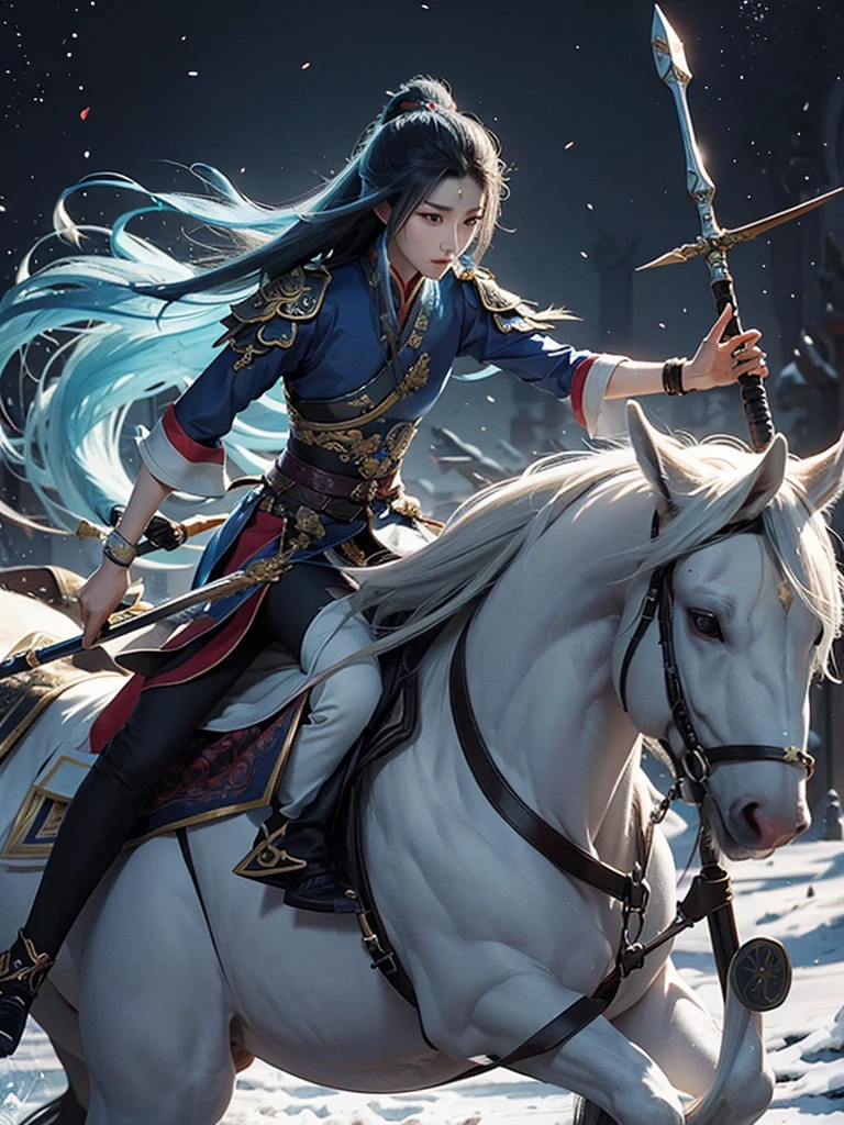 zhao zilong a handsome man, a general holding a spear and riding a white stalion