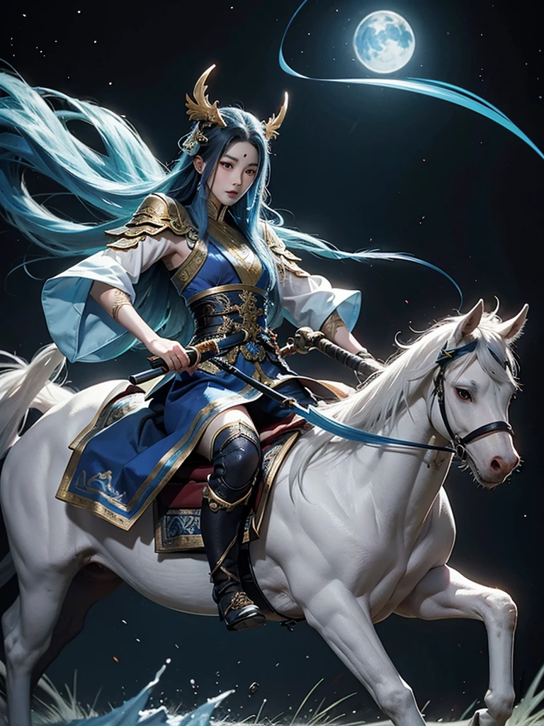zhao zilong a handsome man, a general holding a spear and riding a white stalion