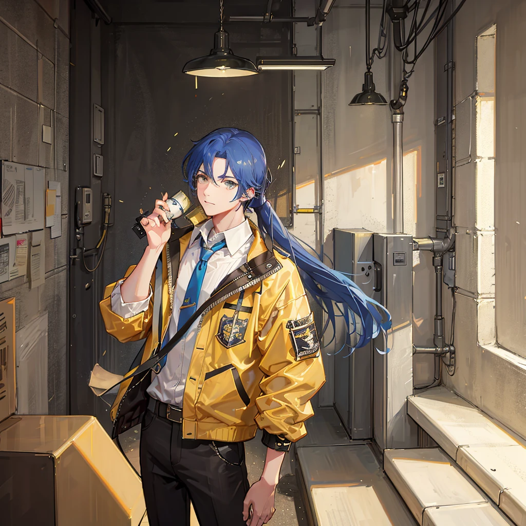 A solo boy, with ponytail, His hair is yellow, his eyes are blue, he wears a baseball jacket coklat and,school, vintage boy!!!!!