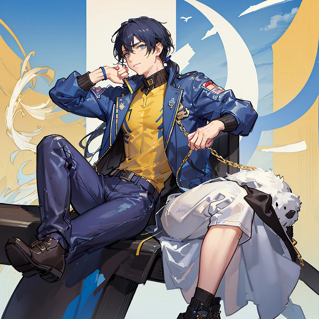 A solo boy, with ponytail, His hair is yellow, his eyes are blue, he wears a baseball jacket coklat and,school, vintage boy!!!!!