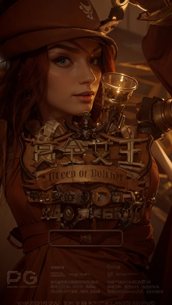 masterpiece, best quality, beautiful, portrait, close up face, miss fortune, pirate, redhead, green eyes