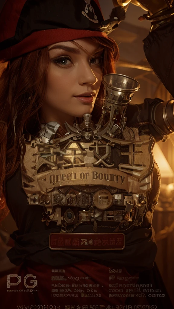 masterpiece, best quality, beautiful, portrait, close up face, miss fortune, pirate, redhead, green eyes