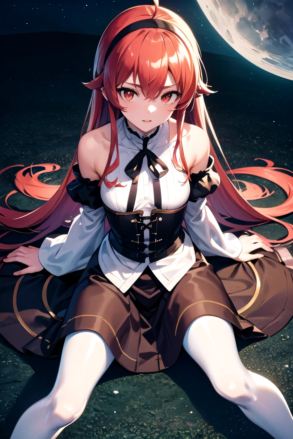 Masterpiece, top quality, best quality, official art, beautiful and aesthetic, anime, 1girl,extremely detailed, colorful, more detailed ((ultra-detailed)), (highly detailed CG illustration),eris greyrat, ahoge, hair between eyes, long hair, (red eyes:1.5), red hair, sidelocks, (small breast:1.2),black hairband, black ribbon, brown skirt, hairband, long sleeves, neck ribbon, pantyhose, ribbon, shirt, shoulder cutout, skirt, white pantyhose, white shirt, wide sleeves,castle, evening, stars, moon, from above, bend over, sitting on knees, in center,cleavege