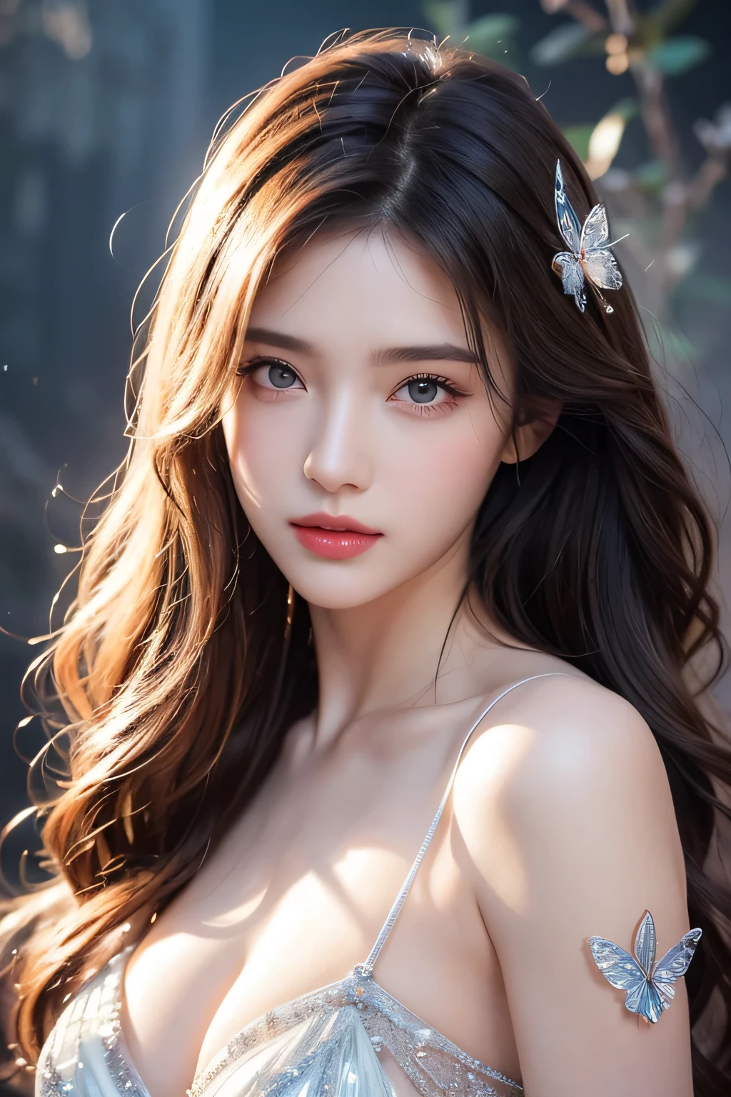 High-quality work,Realistic works,Super premium graphics,8K HD CG works,high quality graphics,High-definition and exquisite CG works,10x pixels,Ultra-fine details:1.1,Advanced technical details:1.1Realistic photo effects,Interior lighting effects:1.5,natural soft light:1.5. Light effect(Virtual light effects:1.8),ultra high resolution,shining dress,sliver long hair,silber hair,transparenthair,high detailed hair(Quality hair details:1.1)Clear eyes,Double eyelids look good,Sharp eye makeup, Create exquisite eyelash makeup, tthin eyebrows, Ultra-detailed eyes,a tall nose, lovely red lips, rosey cheeks, With delicate makeup on her face , pretty face, The face shape is perfectly proportioned,(Advanced facial details:1.1) masterpiece photography nsfw that captures the essence of a dream experienced by an awesome caucasian young woman, perfect beautiful detailed face, realistic skin pores, sharp clear eyes, (nipple slip), sheer revealing dress, enveloped in tendrils of smoke that morph into surreal butterflies around her, In the dream, she finds herself in a fantastical landscape filled with vibrant colors and surreal elements, The atmosphere is dreamy and ethereal, with soft glowing lights illuminating the scene, The young woman is depicted as confident and radiant, surrounded by symbols of her aspirations and inner strength, The overall mood of the image should evoke a sense of wonder, empowerment, and limitless possibilities, complex lighting, rimlight, (wind:1.3), ,Women's artwork,Dress full body video,Realism,Amazing Cleavage,My eyes are very bright today