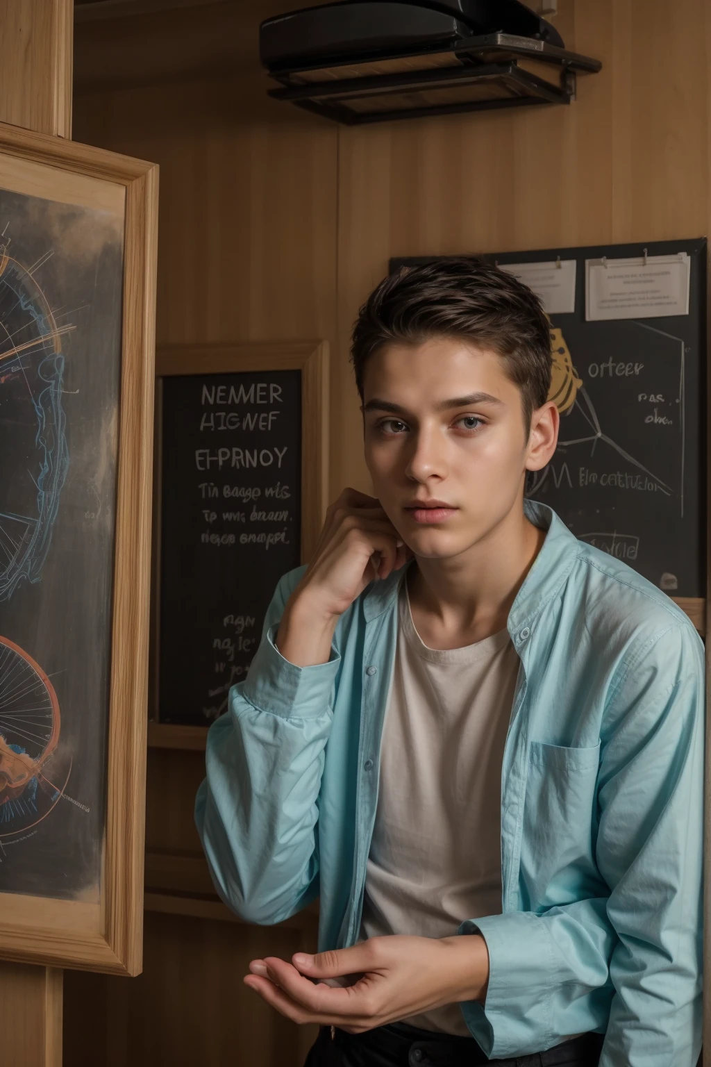 A beautiful young male twink, cute, with black hair, a face with reddish make-up, wearing a bright white long-sleeved shirt and aqua blue pants. He is in his office, and behind him is a blackboard on which is written the shape of the brain and its anatomy, from which nuclear energy emerges, and in his hand is a paper sheet with manuscripts on it.  The phrase “The Greatest Mind.”