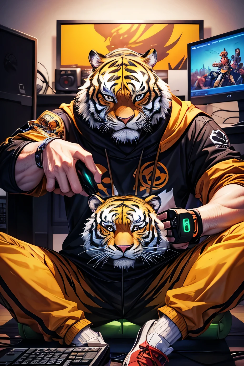 Tiger Man Anime Graphic Design, Just a character, , Computer sitting, Compete in games, player, headset, hip hop style phonk, music style, black eyes, ferson, furry, headset headset LED หูฟังรอบคอ