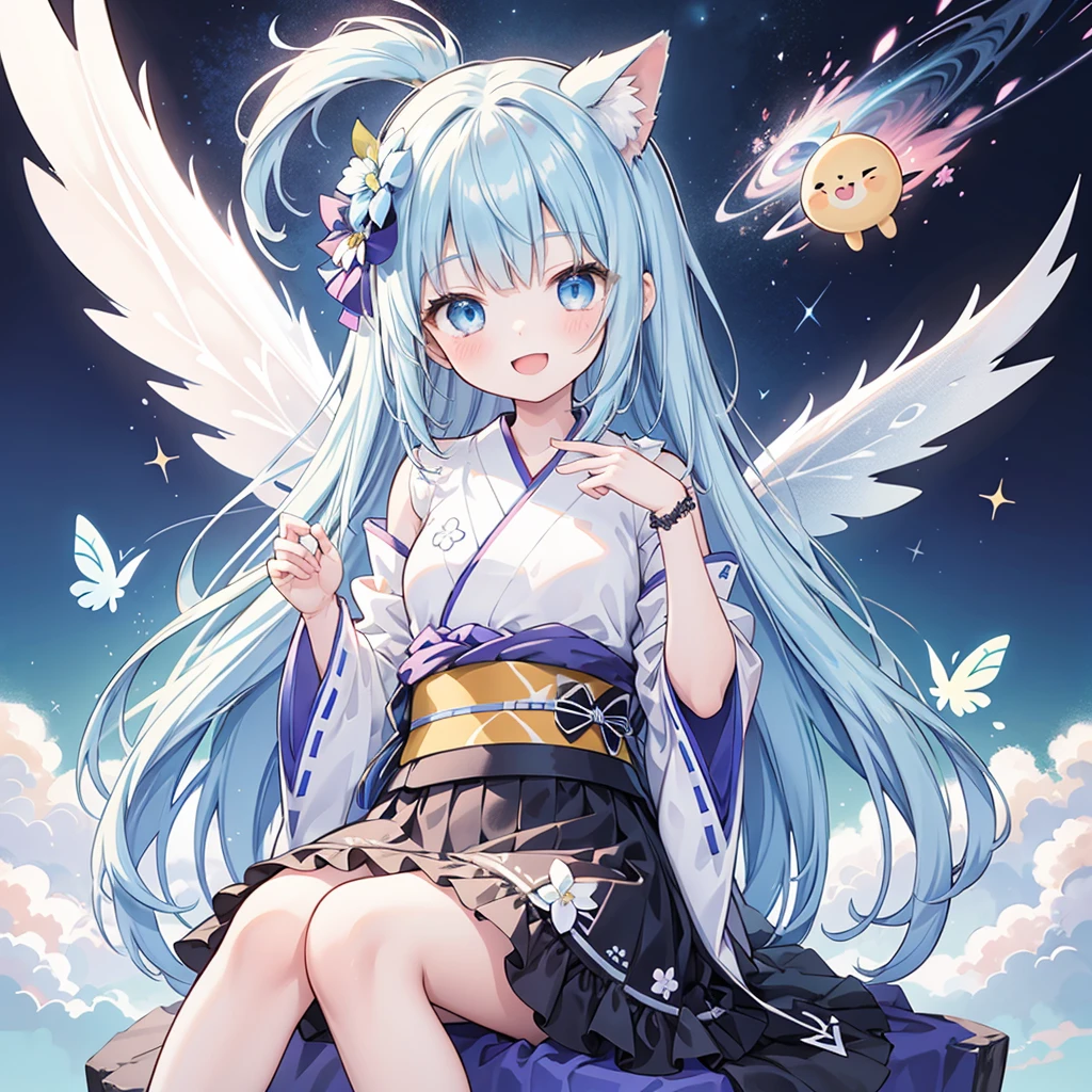 Highest quality、Masterpiece、Official Art、Dynamic composition、One Girl, alone,starの妖精、 Hello, Virtual YouTuber, Milky white with blue inner color hair, Transparent little fairy wings, Hello,wings,  Blue Hair, smile, View your viewers, 青いbackground,  background, Long Hair, Single hair ingestion, upper dy whole body,Blue eyes,  眉毛より上の短めのbangs,  bangs, blue eyes,Sleeves are longer than the wrist, Gothic Lolita Kimono Remade from Kimono、universe、Milky Way、star、