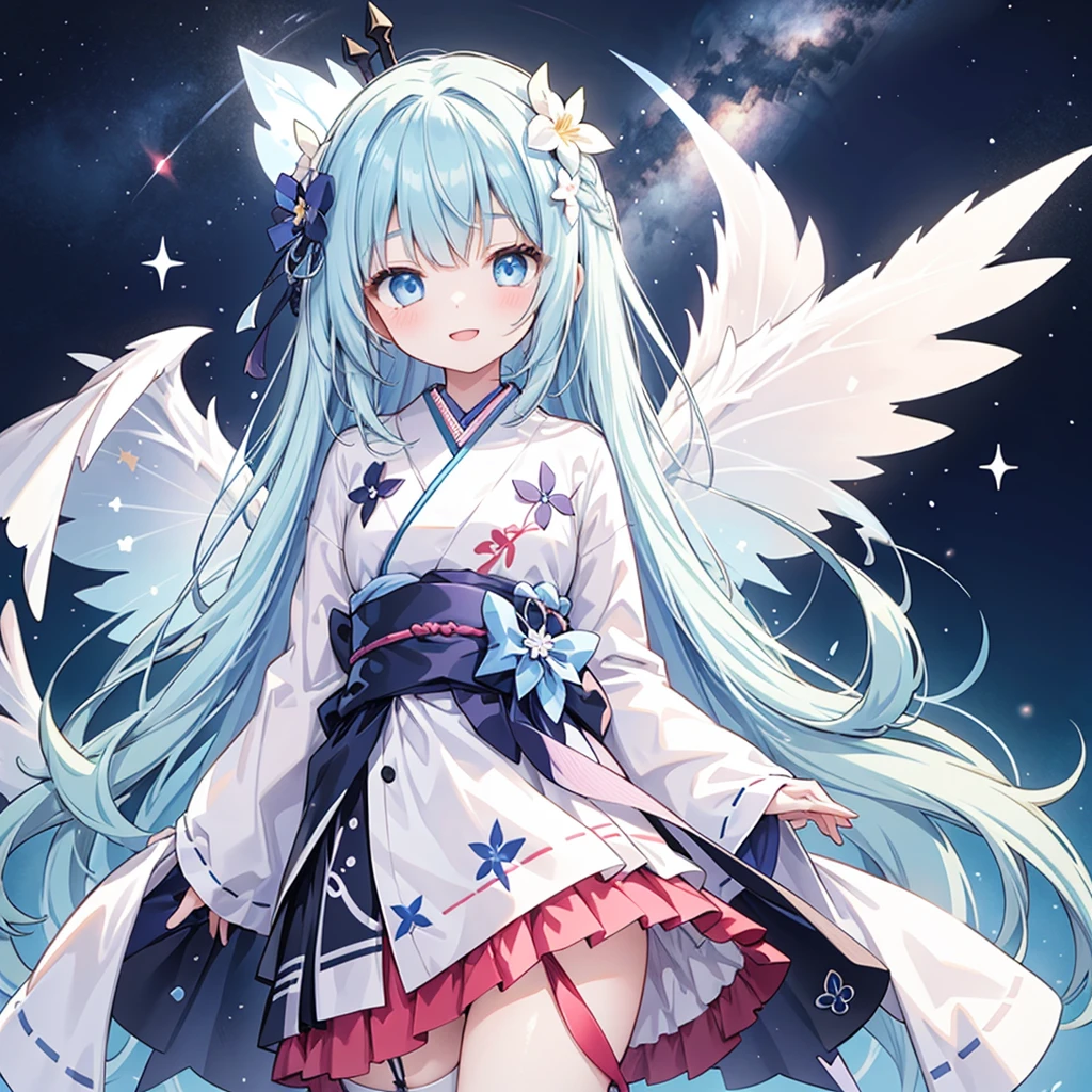 Highest quality、Masterpiece、Official Art、Dynamic composition、One Girl, alone,starの妖精、 Hello, Virtual YouTuber, Milky white with blue inner color hair, Transparent little fairy wings, Hello,wings, Blue Hair, smile, View your viewers, 青いbackground, background, Long Hair, Single hair ingestion, upper dy whole body,Blue eyes, 眉毛より上の短めのbangs, bangs, blue eyes,Sleeves are longer than the wrist, Gothic Lolita Kimono Remade from Kimono、universe、Milky Way、star、