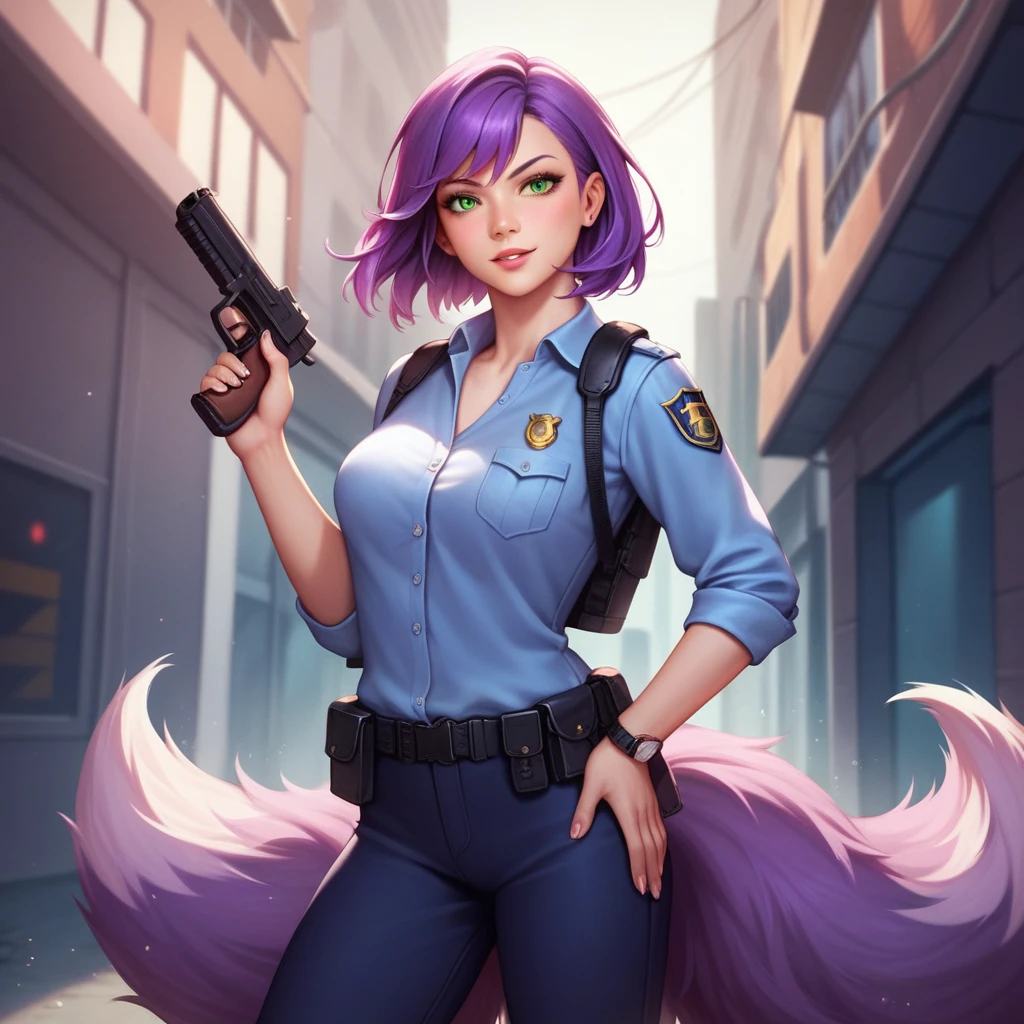 ((masterpiece)), ((best quality)), ((high resolution)), 1 Girl, Solitary, police officer, (matching pants, casual pants), City background, (Holding and aiming a pistol, Detailed handgun, Glock 22, Trigger discipline), permanent, Medium Length Hair, (Purple Hair, Double tail), (Green Eyes),