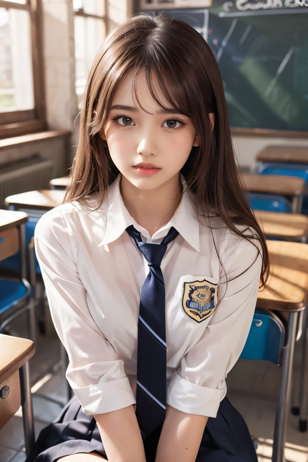 (Showing off panties:1.2), (Professional portrait, Realistic and perfectly shaped subjects:1.3), (masterpiece, highest quality:1.2), (Realistic, Ultra-realistic, Realistic:1.3), (ultra High resolution), High resolution, Intricate details, Super detailed, (Highly detailed CG, unity 8k wallpaper:1.3), Clear image,
break
(1 Japanese girl, 16 years old), (cute, Slender figure), (Perfect Anatomy, Correct limbs:1.2), (Perfect hands), Perfect Arms, Beautiful and delicate face down to the last detail, Beautiful and delicate eye and eye highlights, (Very thin and delicate、not too long lashes), (Captivating eyes, Beautifully detailed eyes and face), light makeup, Pink Lip, Lip gloss, Stylish face, (Shiny skin, Realistic skin detail), Brown Hair, medium chest
break
((school uniform)), (High school girl), (Black socks), shirt open
break
classroom, Sitting in a chair, (Cowboy Shot), break
(((blush:1.4))), ((Embarrassing:1.4)), (((shy:1.5)))
break
from below
break