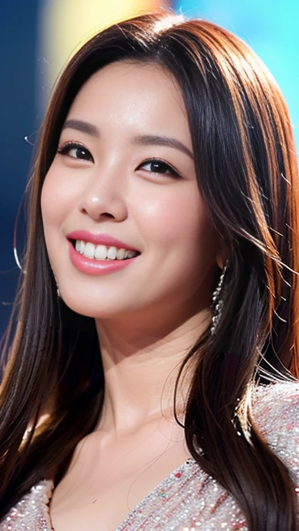 1 female, Dream Background, (Highly detailed body, very detailed face, top quality:1. Women), Looking at the audience, Smile with teeth, I can&#39;t see her hands, (Very Long Layered Hair:1.2), (Her thighs are beautiful:1.3), (8K:1.5), (cute man&#39;s Y shirt:1.3), (Skin radiance:1.3), (Huge breasts:1.3), The most beautiful woman in Korea, beautiful bridge, , 