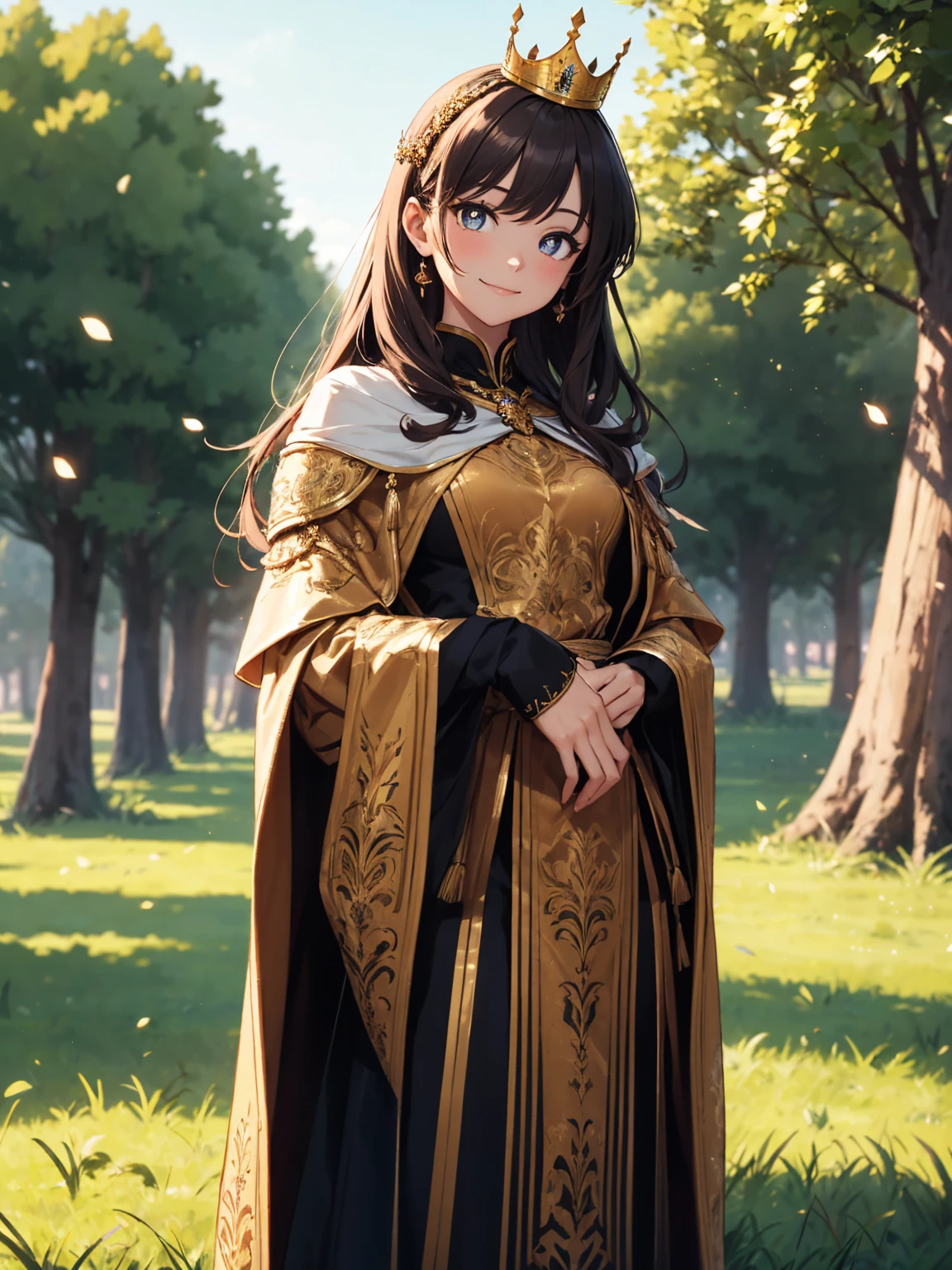 masterpiece, best quality, lineart, anime screencap, sketch, (1girl), brown hair, long hair, brown eyes, bright pupils, sparkling eyes, solo, royal clothes, royal robes, embroidered robes, ornate clothes, intricate robes, crown, standing, smile, standing, looking at viewer, light particles, scenery, outdoors, green fields, grass fields, day light, sunlight,
 
BREAK, 

knight, knights, armored knights, multiple male, bokeh, blurry background, 200mm lens, 