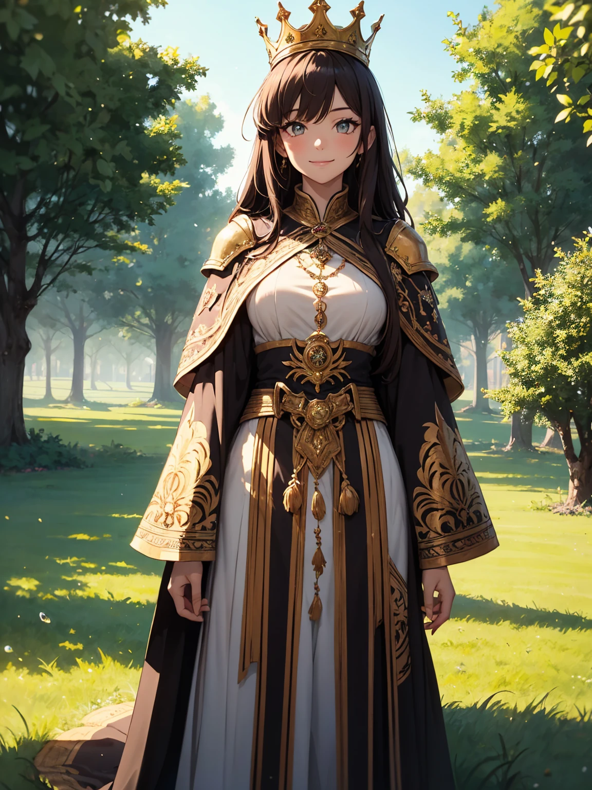 masterpiece, best quality, lineart, anime screencap, sketch, (1girl), brown hair, long hair, brown eyes, bright pupils, sparkling eyes, solo, royal clothes, royal robes, embroidered robes, ornate clothes, intricate robes, crown, standing, smile, standing, looking at viewer, light particles, scenery, outdoors, green fields, grass fields, day light, sunlight,
BREAK,
knight, knights, armored knights, multiple male, bokeh, blurry background, 200mm lens,